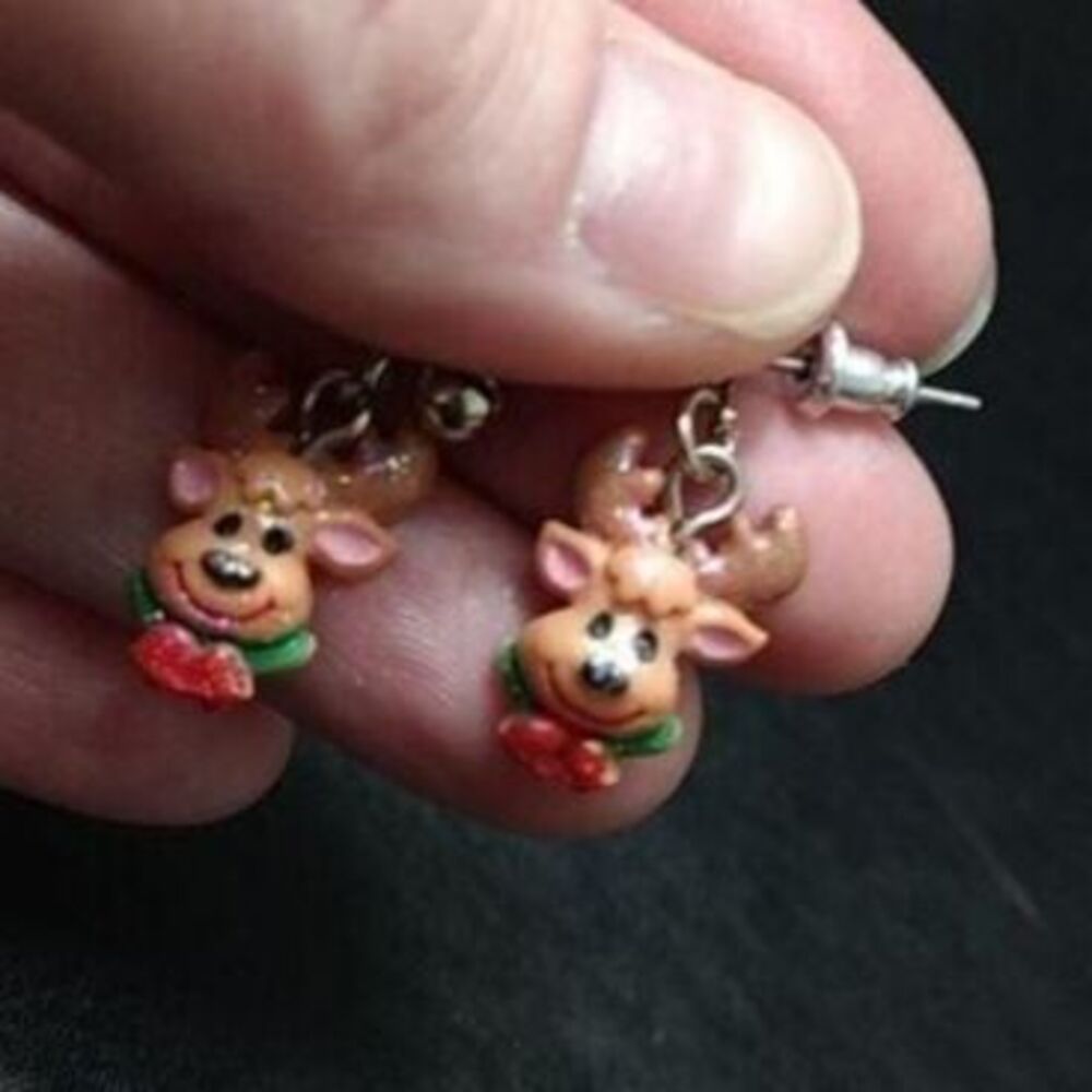 Dangling reindeer earrings holiday Christmas red green